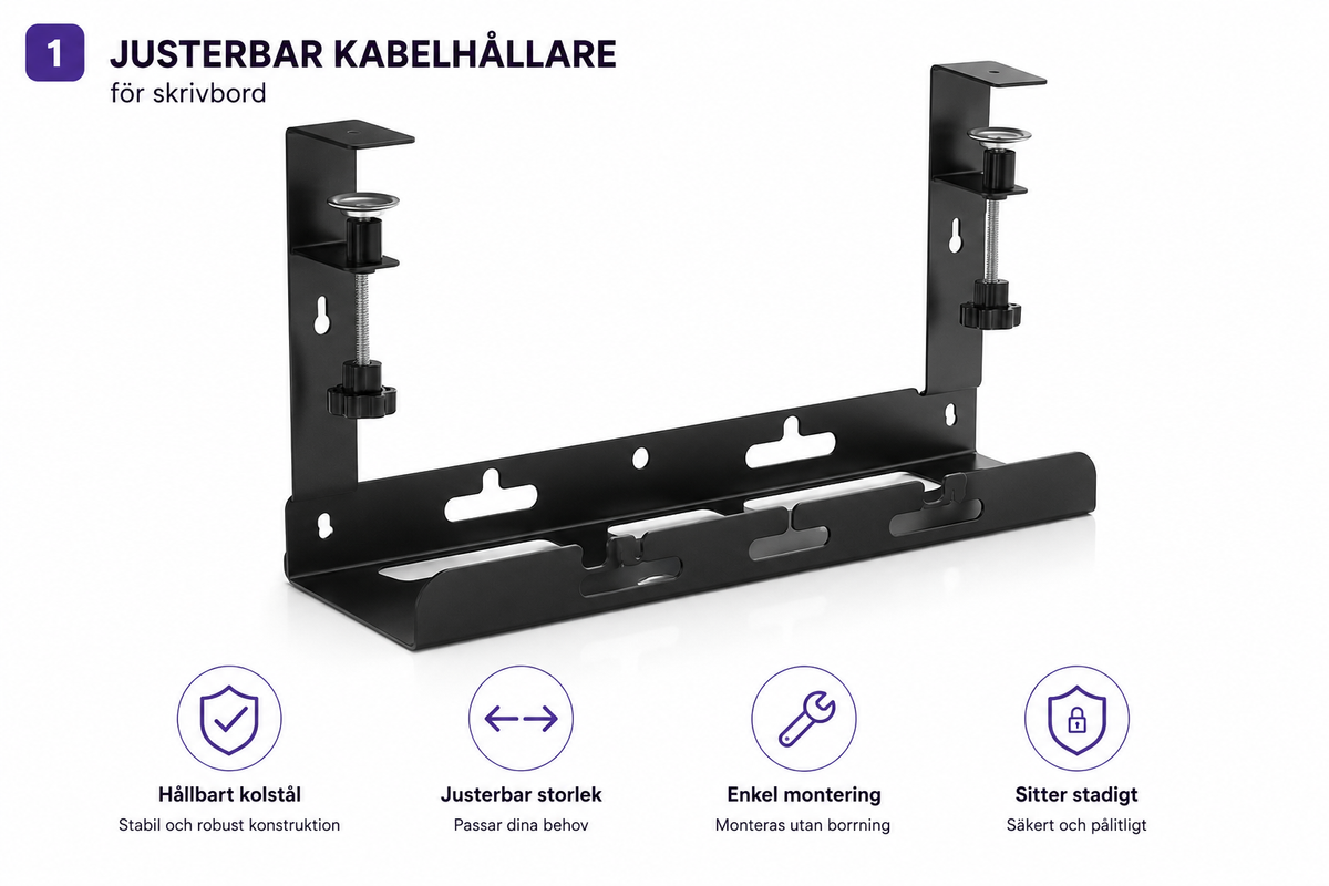 Justerbar kabelhantering för skrivbord – Smart kabelhantering utan borrning