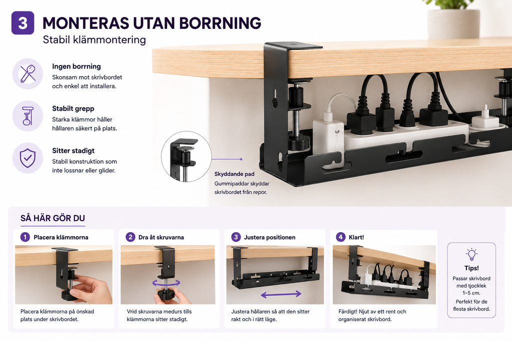 Justerbar kabelhantering för skrivbord – Smart kabelhantering utan borrning