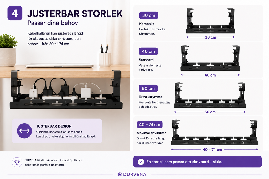 Justerbar kabelhantering för skrivbord – Smart kabelhantering utan borrning