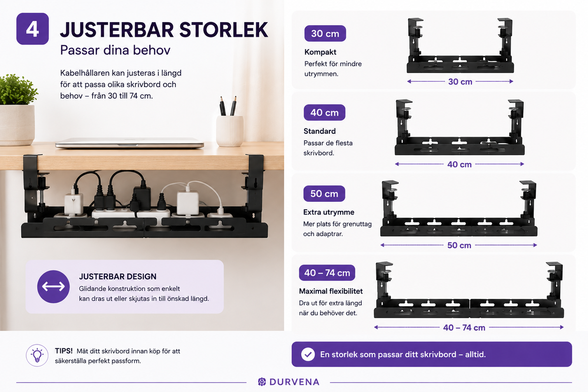 Justerbar kabelhantering för skrivbord – Smart kabelhantering utan borrning