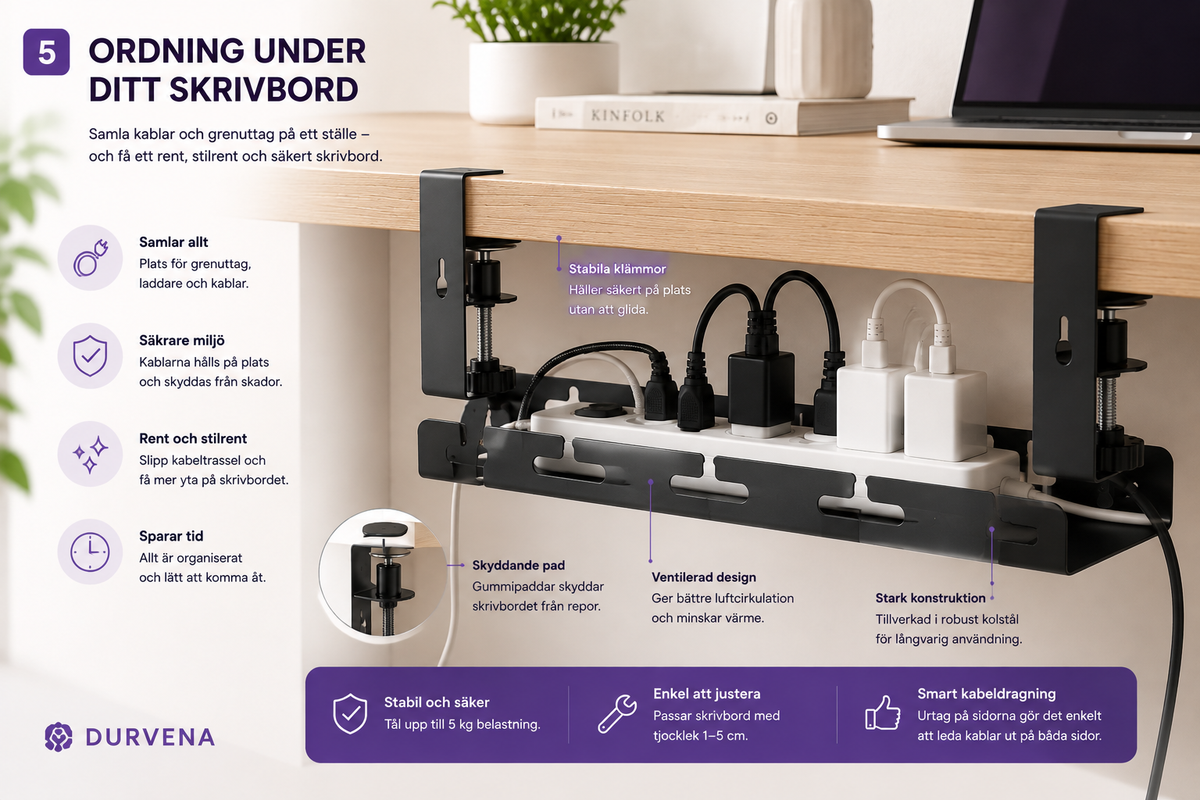 Justerbar kabelhantering för skrivbord – Smart kabelhantering utan borrning