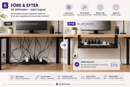 Justerbar kabelhantering för skrivbord – Smart kabelhantering utan borrning