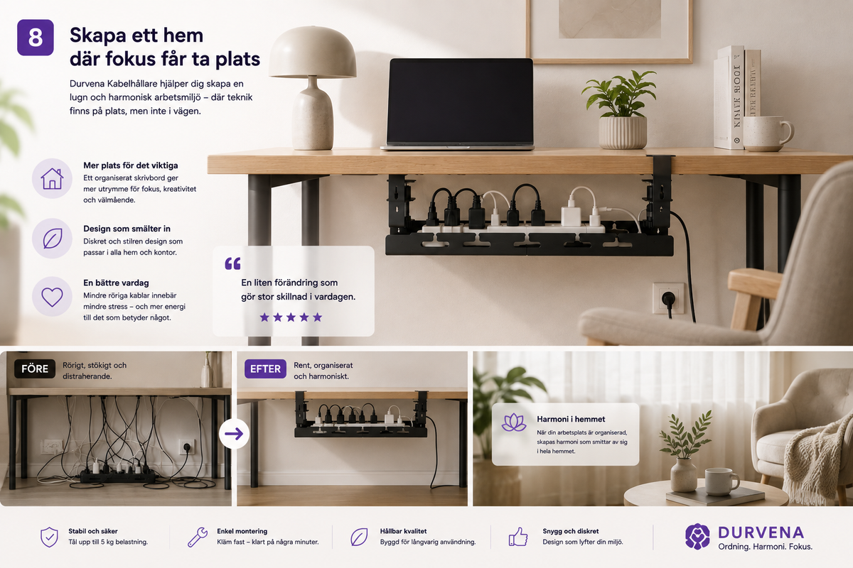 Justerbar kabelhantering för skrivbord – Smart kabelhantering utan borrning